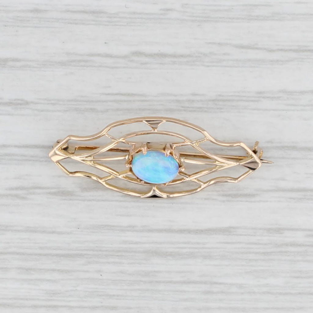 Light Gray Vintage Blue Opal Solitaire Brooch 10k Yellow Gold Oval Cabochon Solitaire Pin