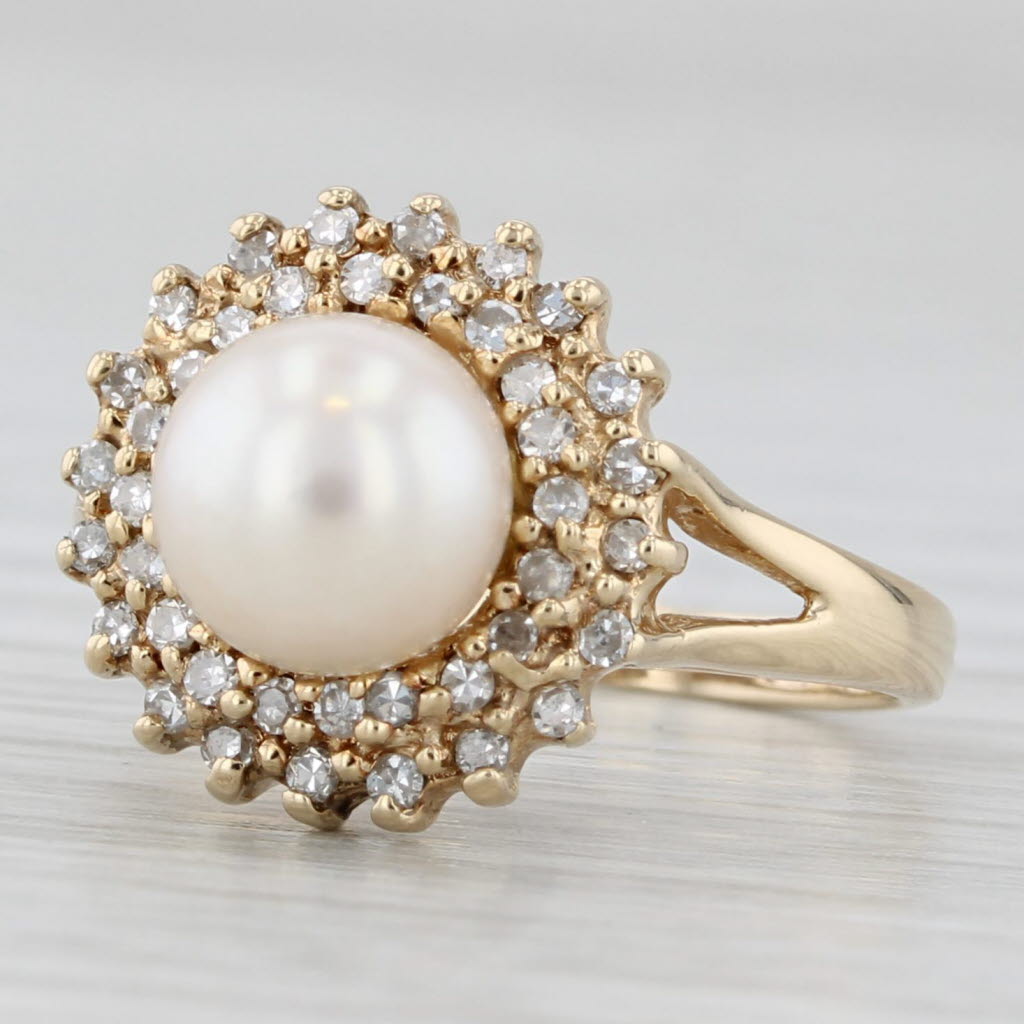 Light Gray 0.20ctw Diamond Halo Cultured Pearl Ring 14k Yellow Gold Size 4