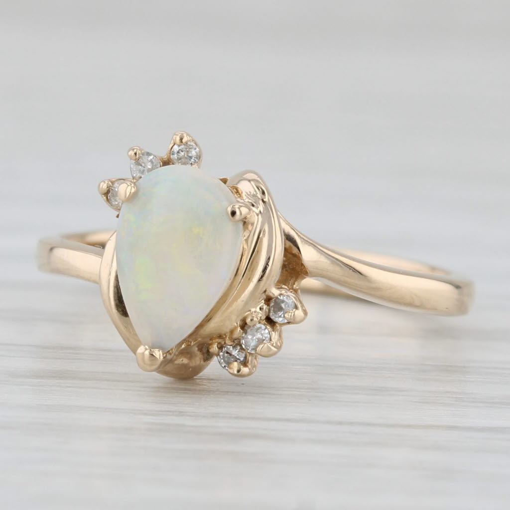 Light Gray Pear Cabochon Opal Diamond Ring 14k Yellow Gold Size 6.5