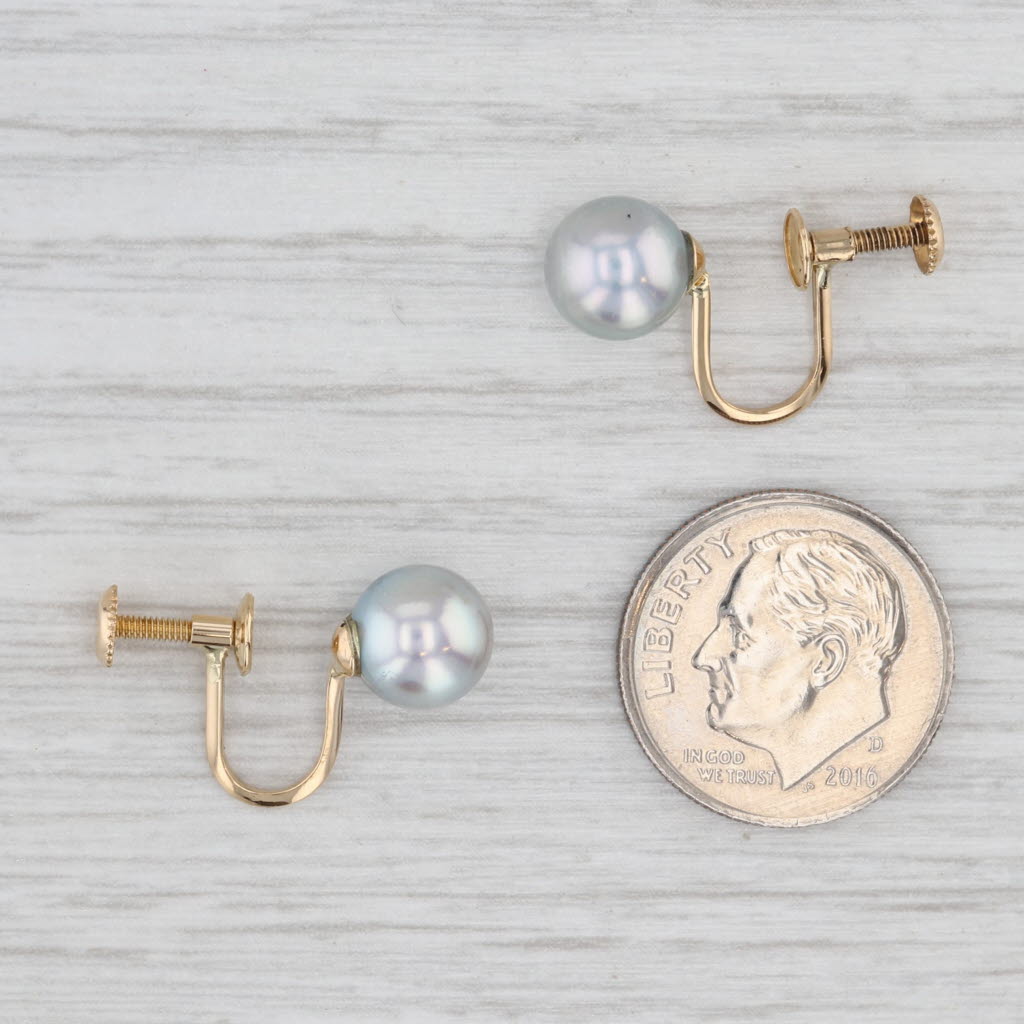Light Gray 7.5mm Gray Cultured Pearl Stud Earrings 18k Yellow Gold Non Pierced Screw Backs