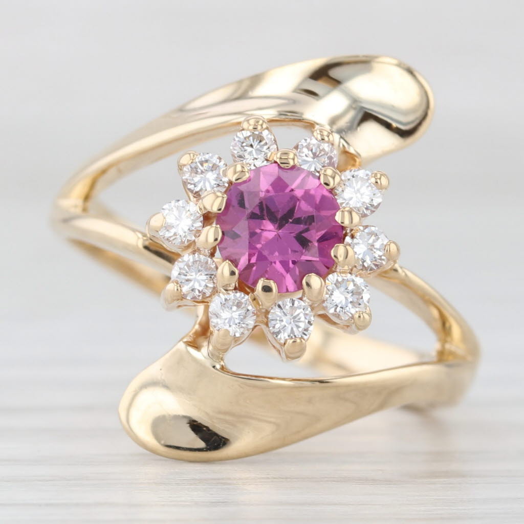Light Gray 1.13ctw Rhodolite Garnet Diamond Halo Bypass Ring 14k Yellow Gold Size 8