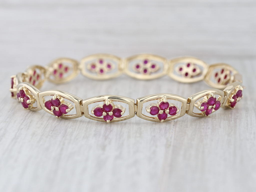 4ctw Ruby Flower Tennis Bracelet 14k Yellow Gold 7.25" 7.5mm