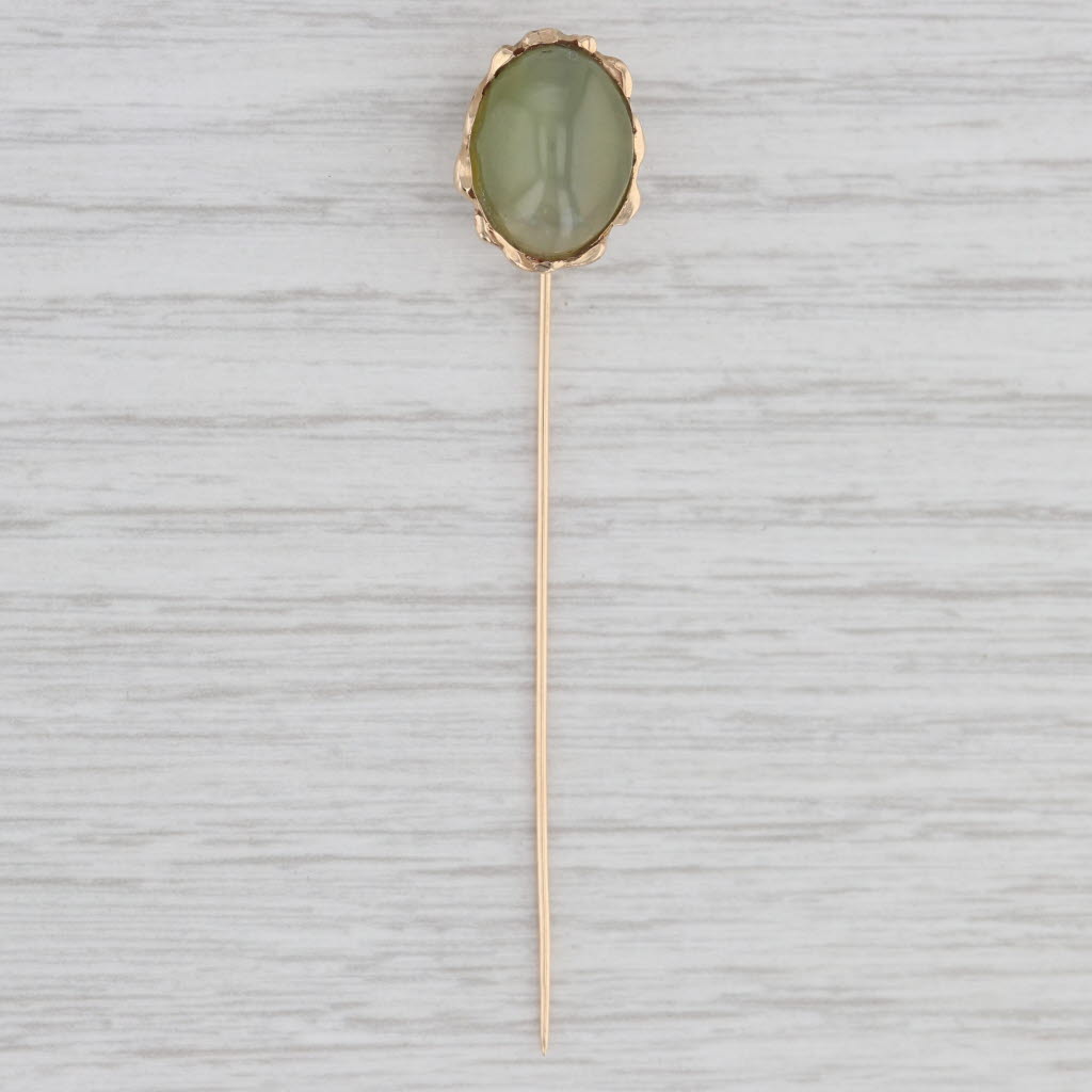 Light Gray Vintage Cat’s Eye Actinolite Stickpin 14k 10k Gold Oval Cabochon Solitaire