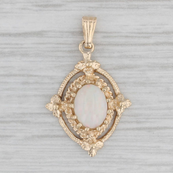 Opal Cabochon Solitaire Pendant 14k Yellow Gold Flower Accents
