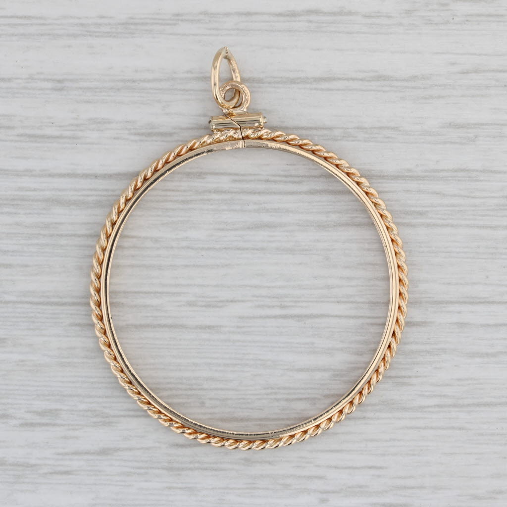 Gray Coin Rope Bezel Pendant 14k Yellow Gold Holds 34-35 mm 1oz Coin