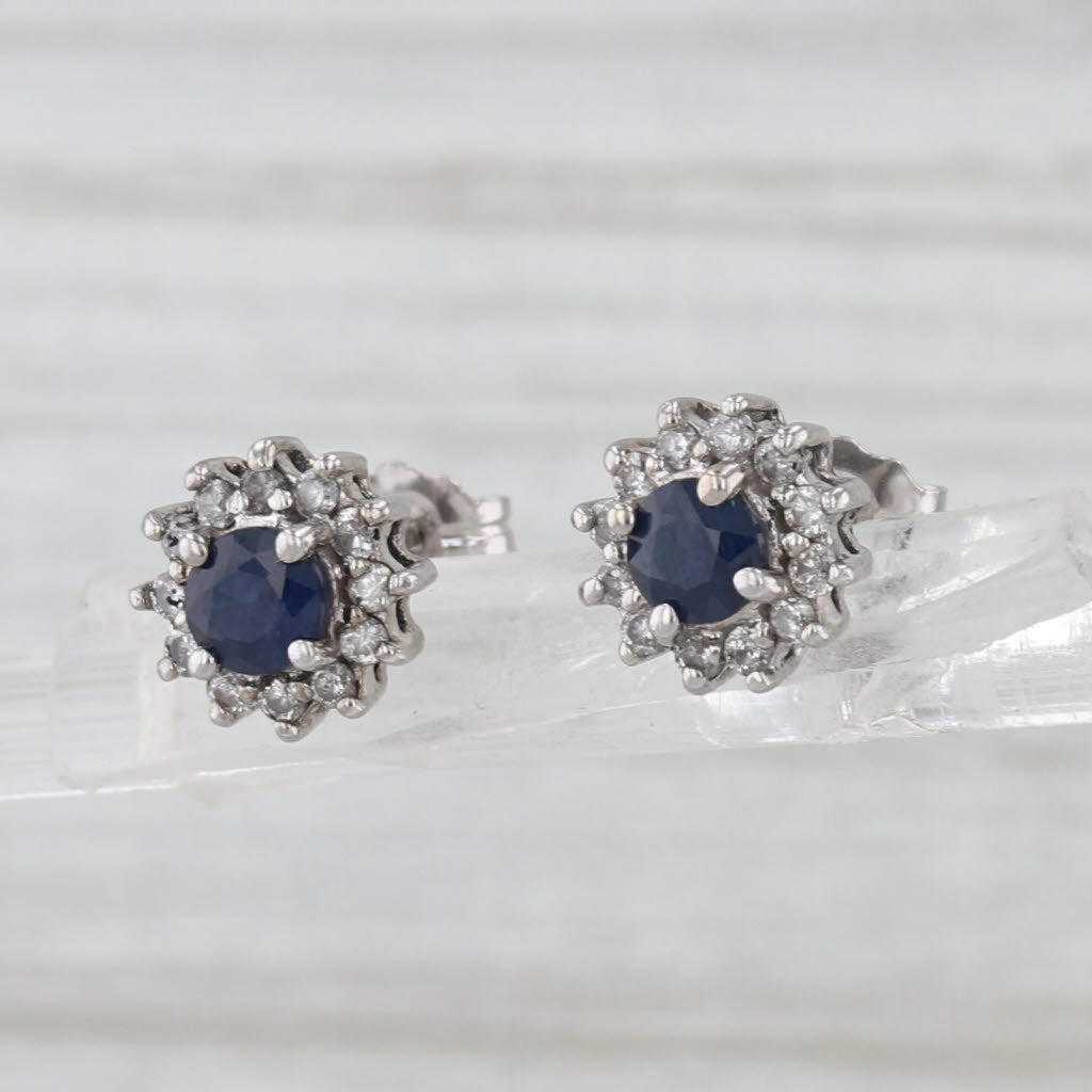 0.75ctw Blue Sapphire Diamond Halo Stud Earrings 14k White Gold Round Studs