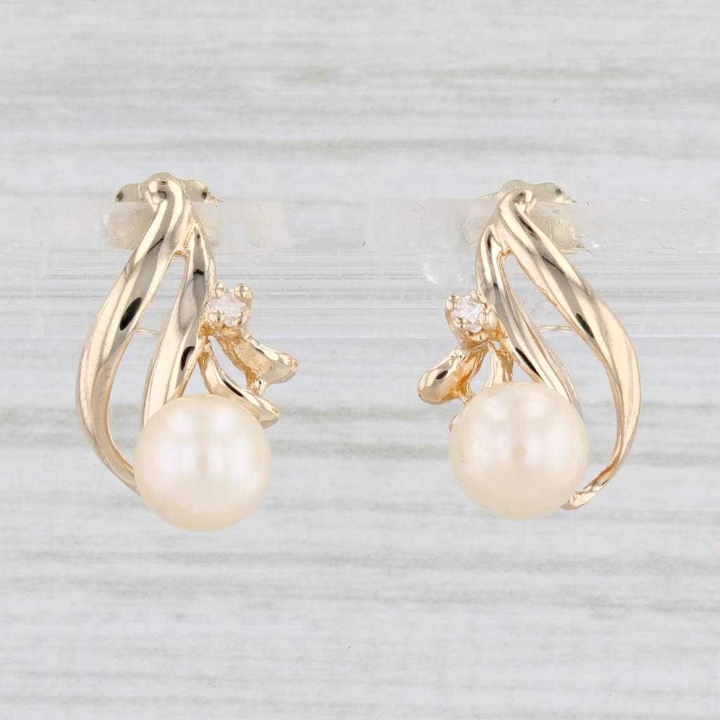 Light Gray Cultured Pearl Diamond Teardrop Earrings 10k Yellow Gold Pierced Drops