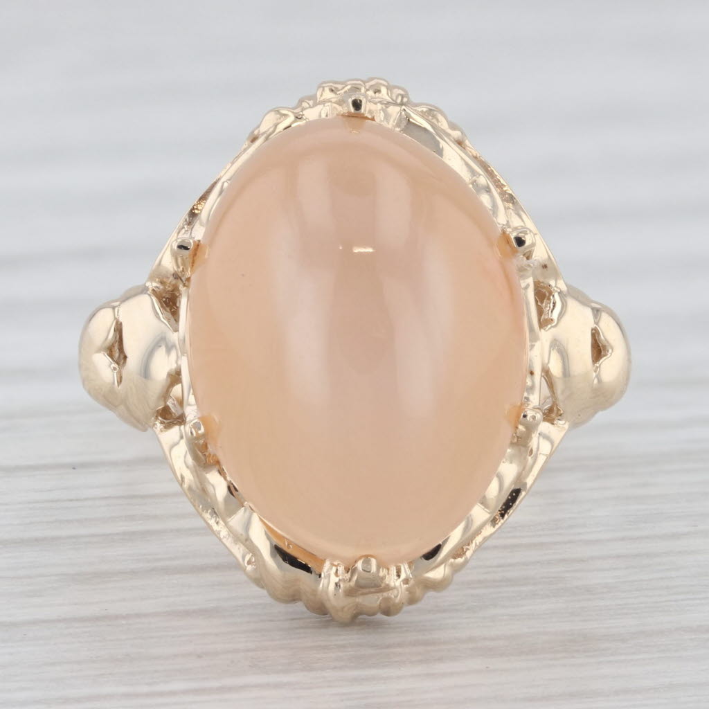 Gray Peachy Pink Cat's Eye Moonstone Oval Cabochon Solitaire Ring 10k Gold Sz 7