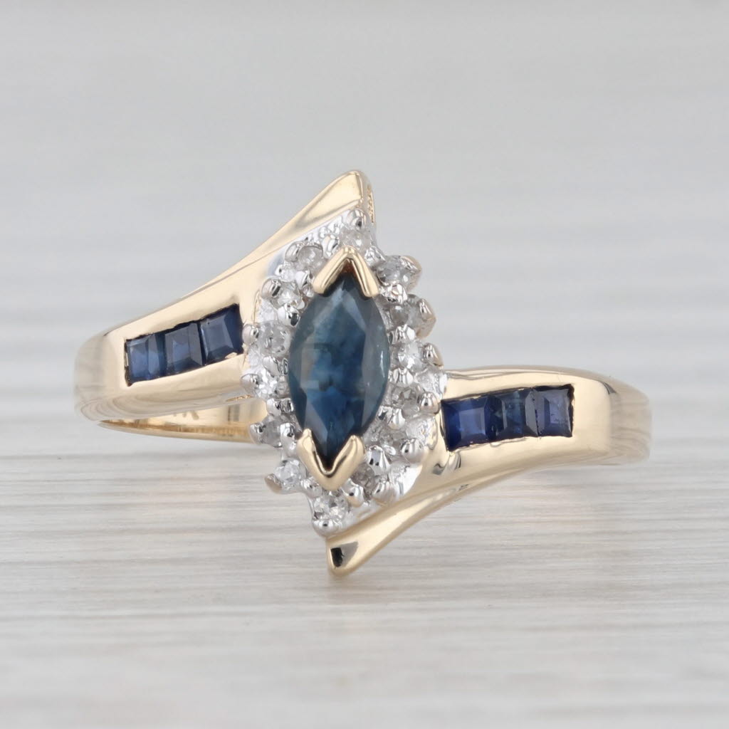 Light Gray 0.58ctw Marquise Blue Sapphire Diamond Bypass Ring 14k Yellow Gold Size 6