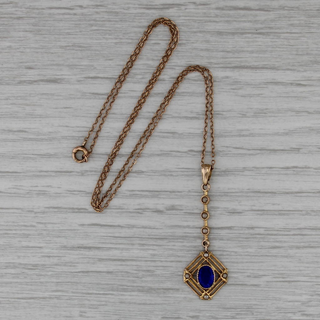 Antique Imitation Pearl Glass Pendant Necklace 10k Yellow Gold 17" Cable Chain