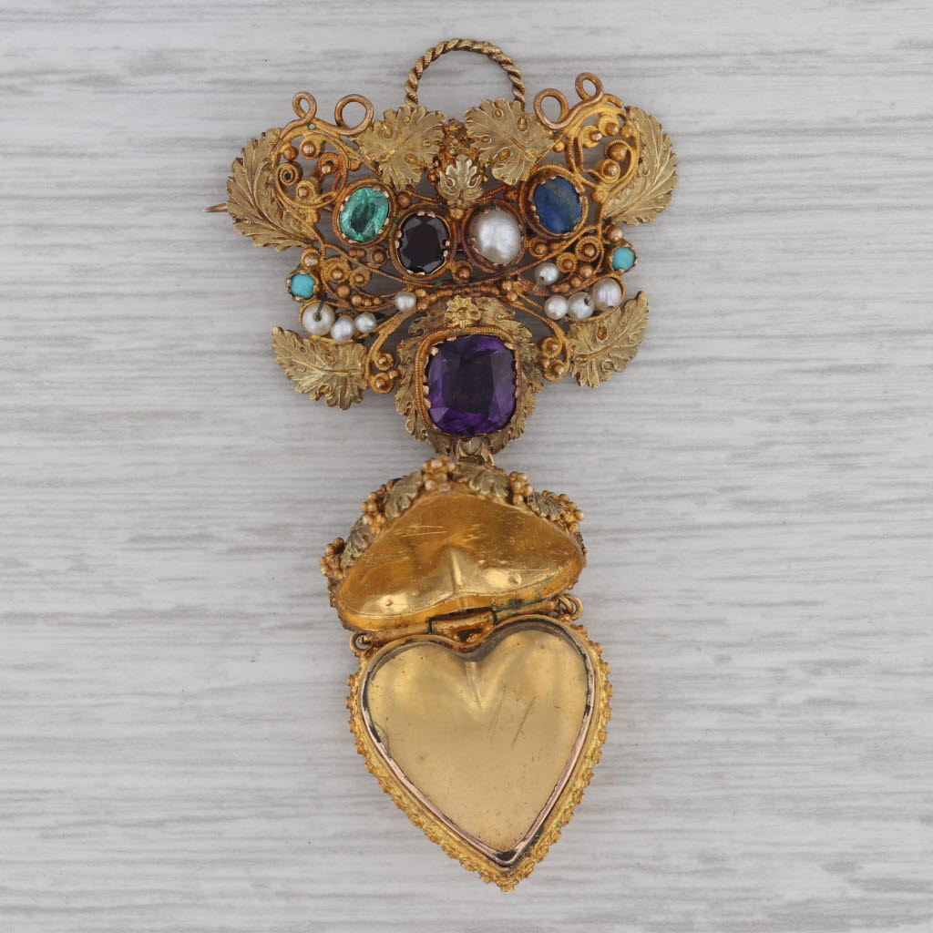 Gray Antique Floral Gemstone Heart Locket Brooch 17k-21k Gold Amethyst Pearl Pin