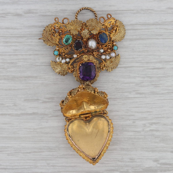 Antique Floral Gemstone Heart Locket Brooch 17k-21k Gold Amethyst Pearl Pin