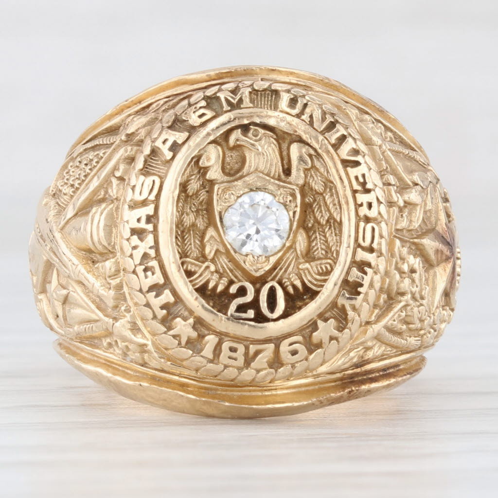 Light Gray Diamond A & M College of Texas Class Ring 10k Yellow Gold Engraved Signet