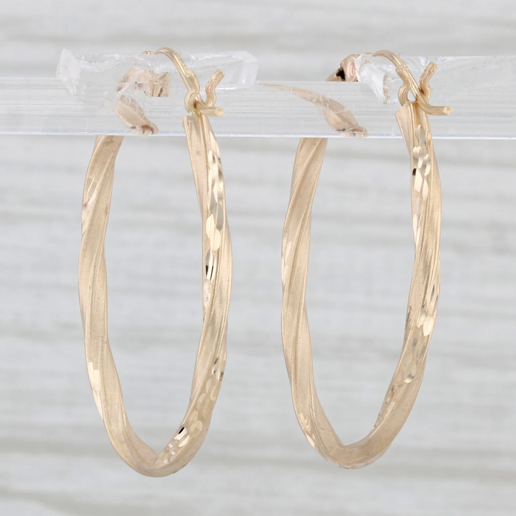 Light Gray Oval Twist Hoop Earrings 14k Yellow Gold Snap Top Hoops