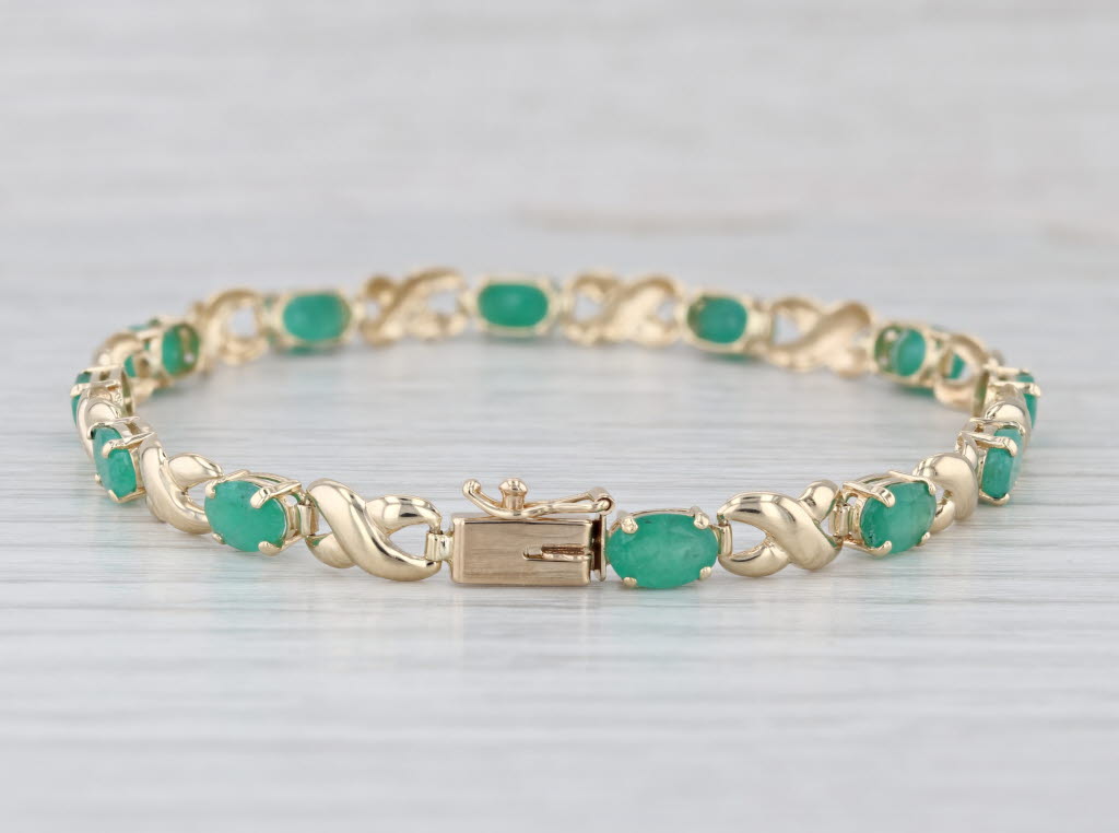 5.65ctw Emerald Tennis Bracelet Inifinity Links 14k Yellow Gold 7.25" 4.9mm