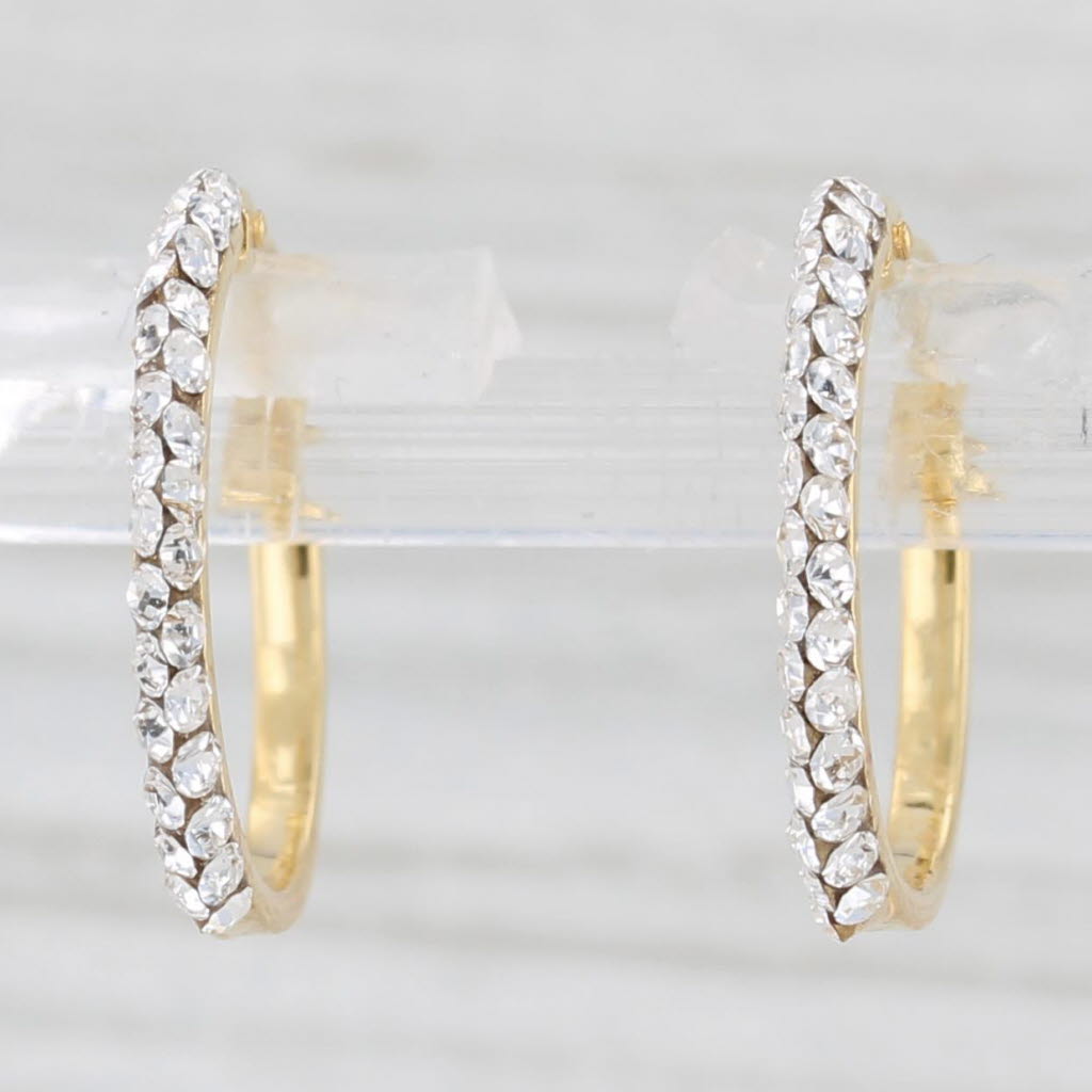 Light Gray New Rhinestones Hoop Earrings 14k Yellow Gold Snap Top Round Hoops