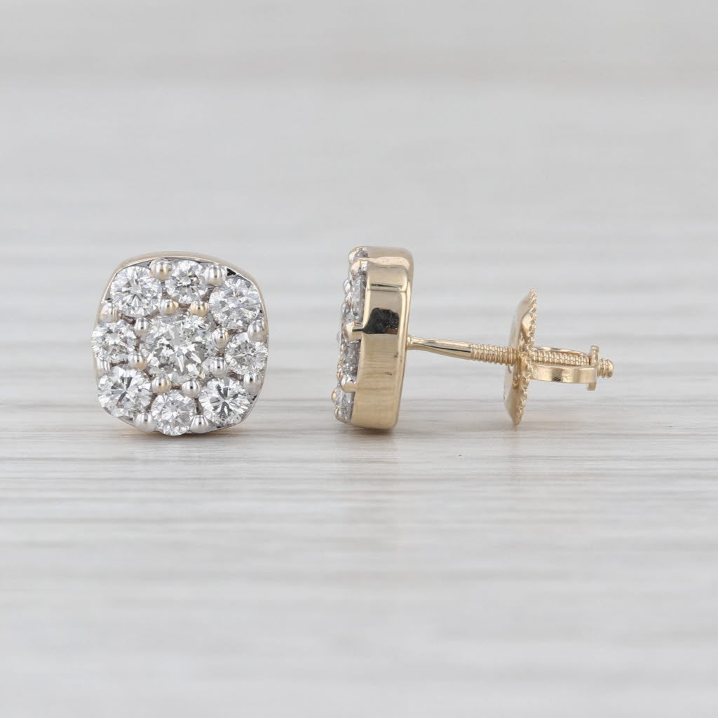 New 0.90ctw Diamond Cluster Stud Earrings 14k Yellow Gold Screw Backs Studs