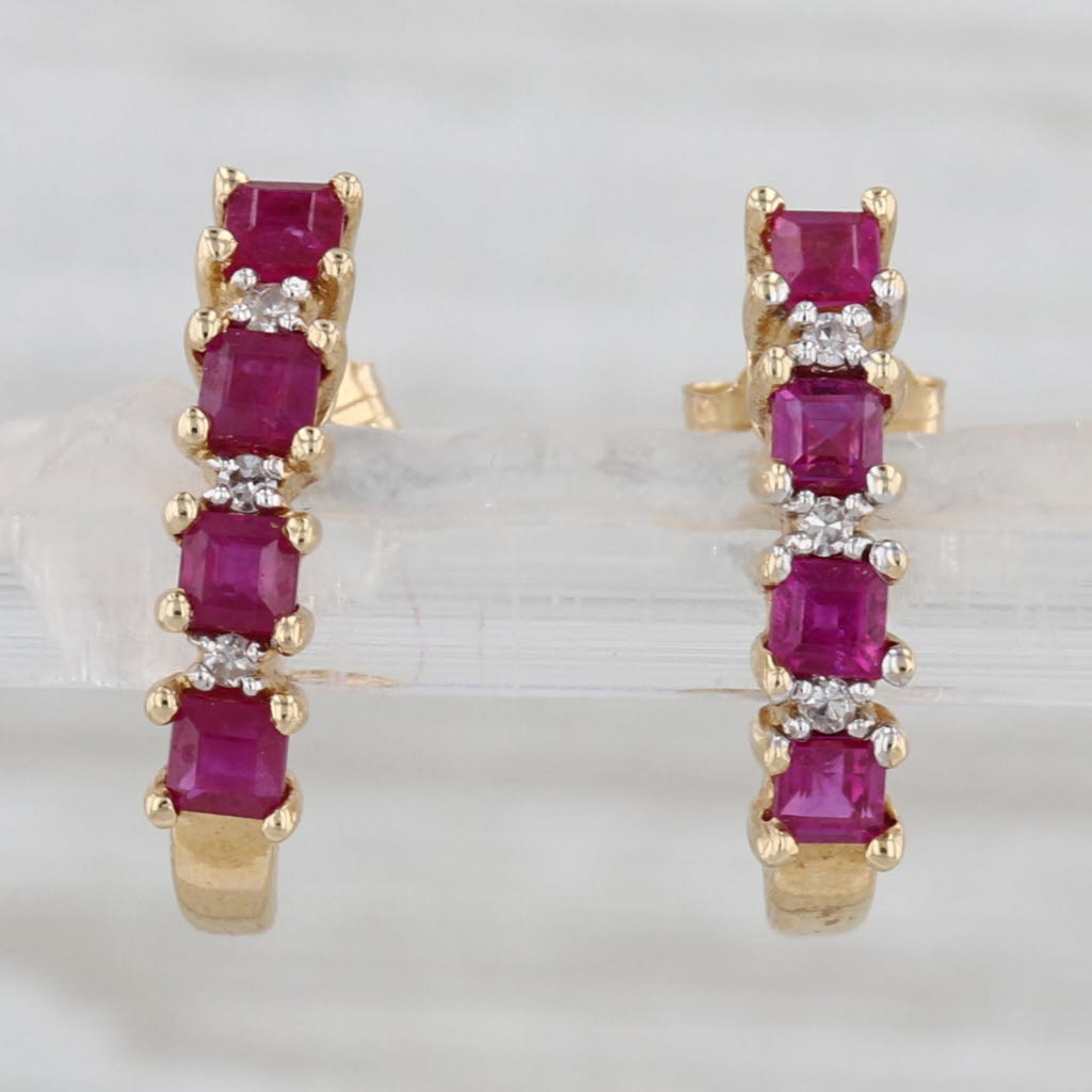 1.01ctw Ruby Diamond J-Hook Earrings 14k Yellow Gold Drops