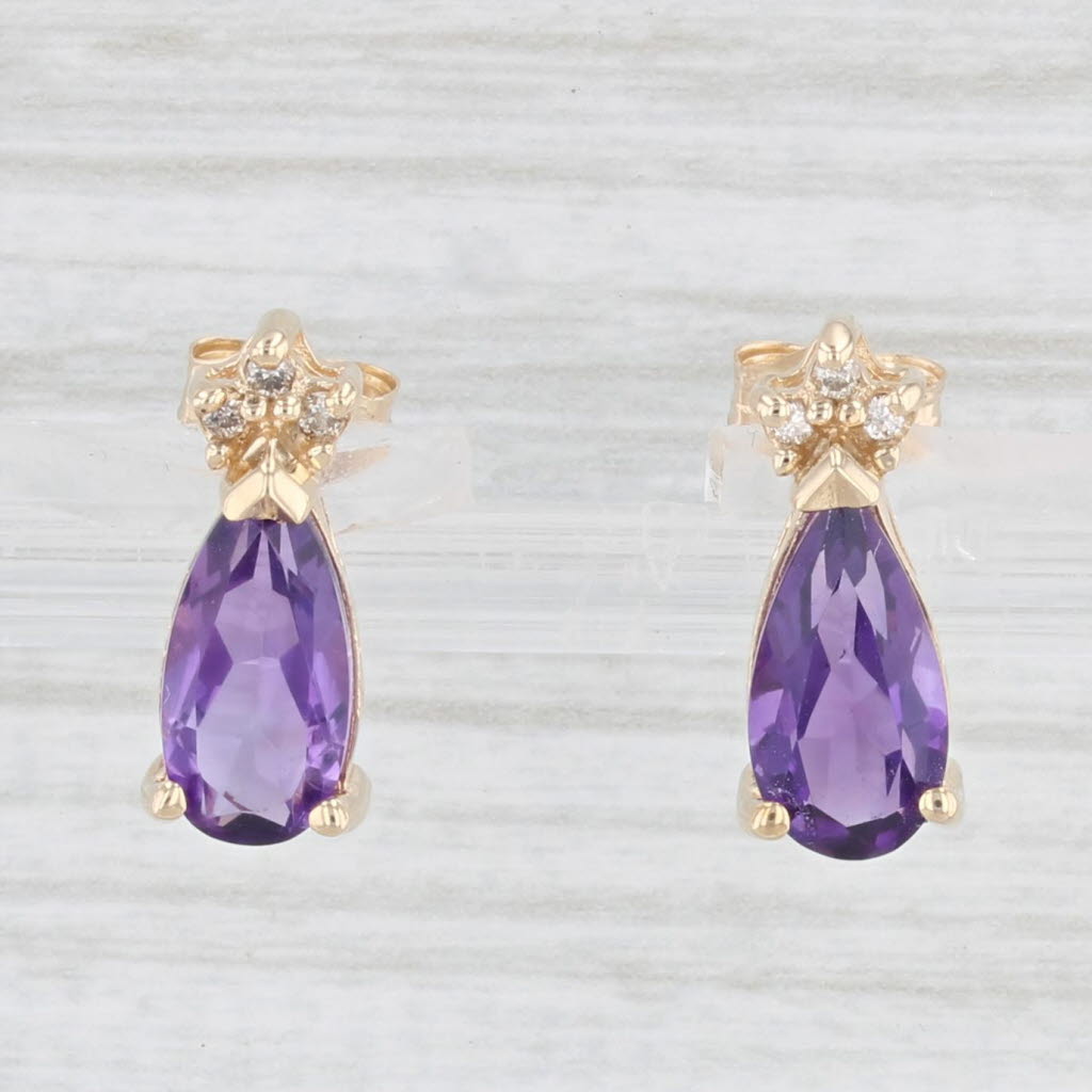 Light Gray 1.90ctw Amethyst Diamond Teardrop Stud Earrings 10k Yellow Gold