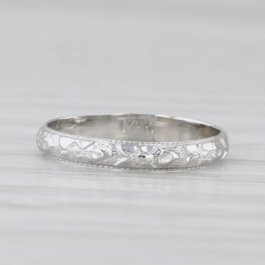 Light Gray Vintage Etched Flower Ring 14k White Gold Small Baby Size