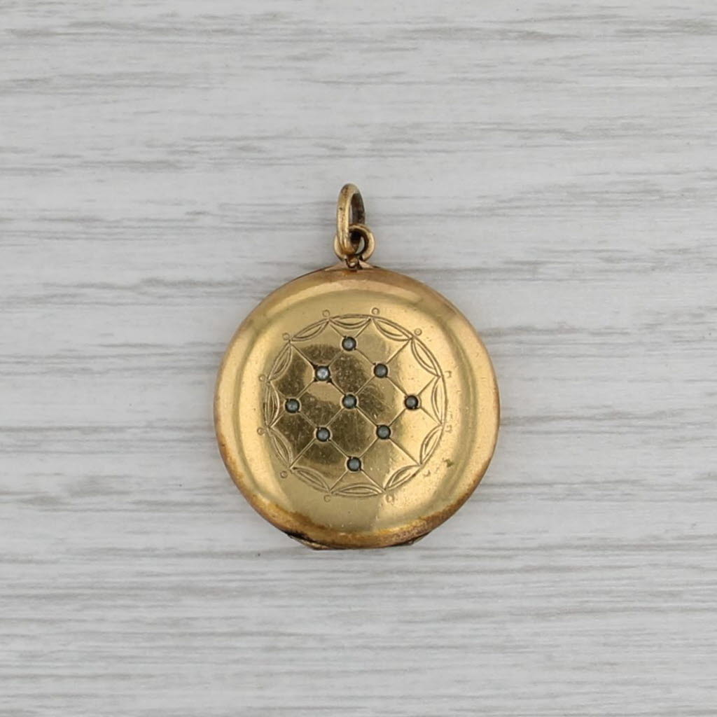 Ornate Vintage Locket Pendant Gold Filled Faux Pearl Engraved Fob Charm