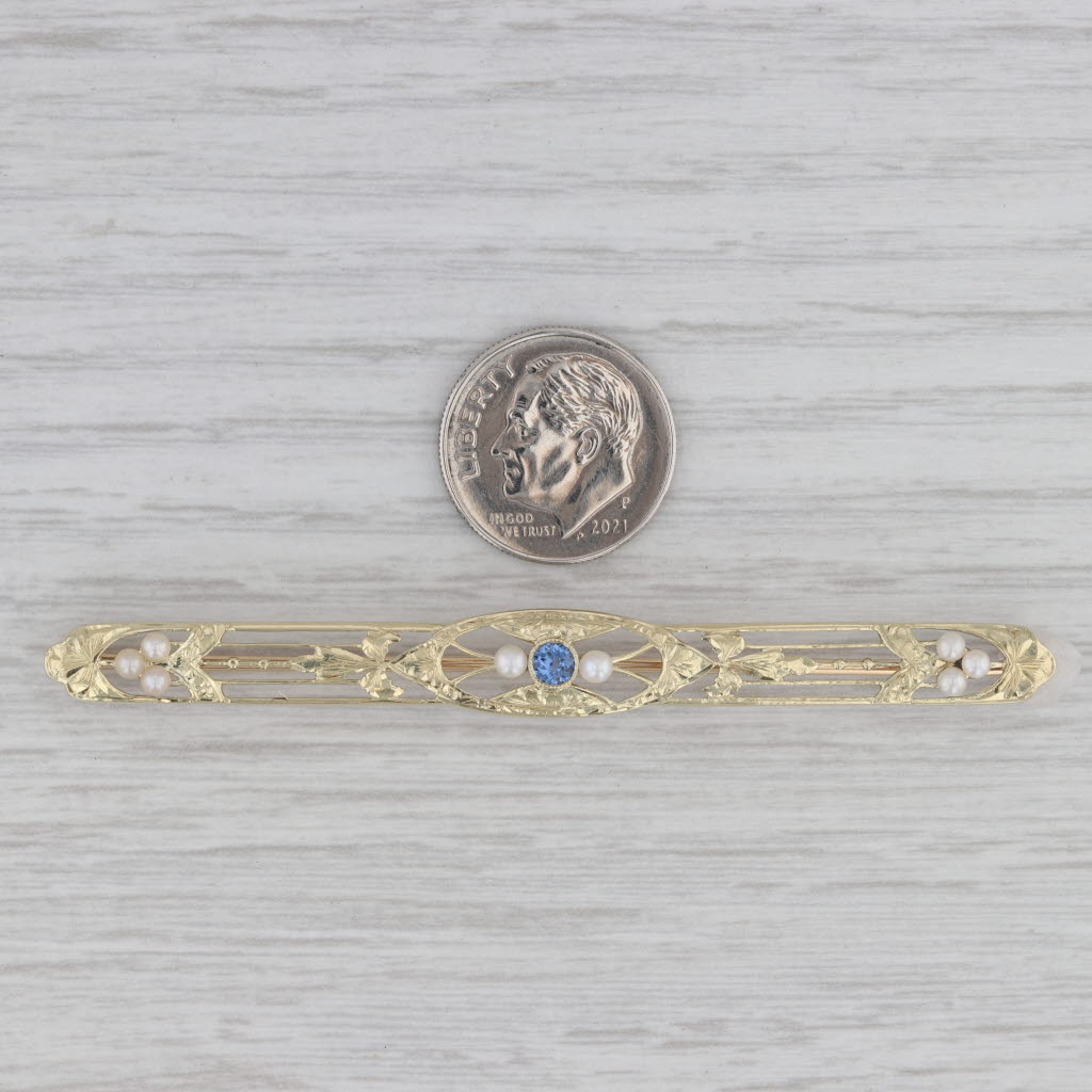 Gray Art Deco Floral Blue Sapphire Cultured Pearl Bar Pin 14k Yellow Gold Brooch