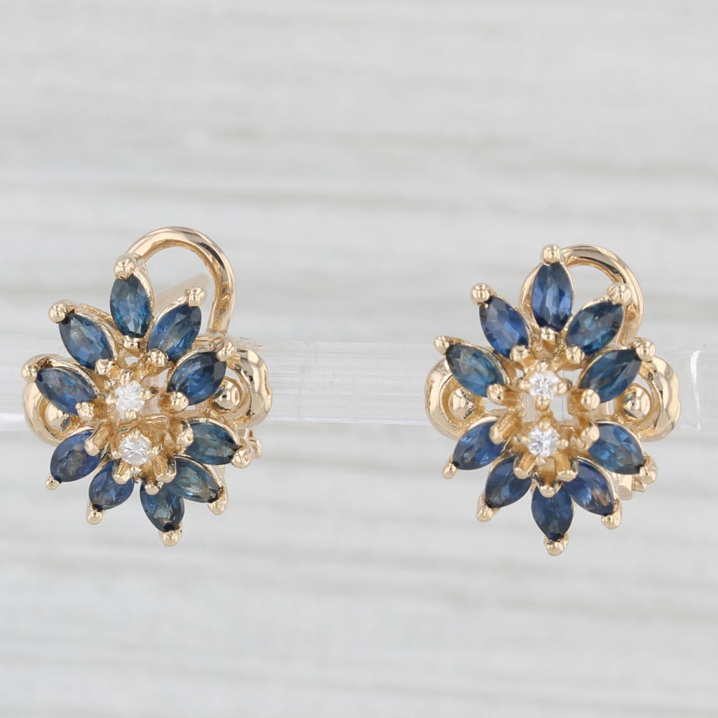 Light Gray 1.25ctw Blue Sapphire Diamond Flower Stud Earrings 14k Yellow Gold Omega Backs