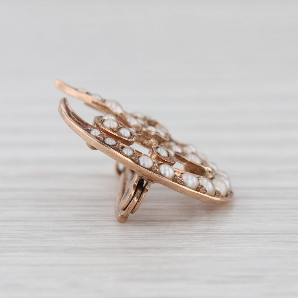 Antique Seed Pearl Fleur De Lis Crescent Pin 10k Rose Gold