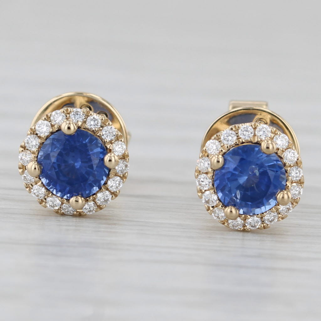 Light Gray 1.30ctw Blue Sapphire Diamond Halo Stud Earrings 14k Yellow Gold Screw Back