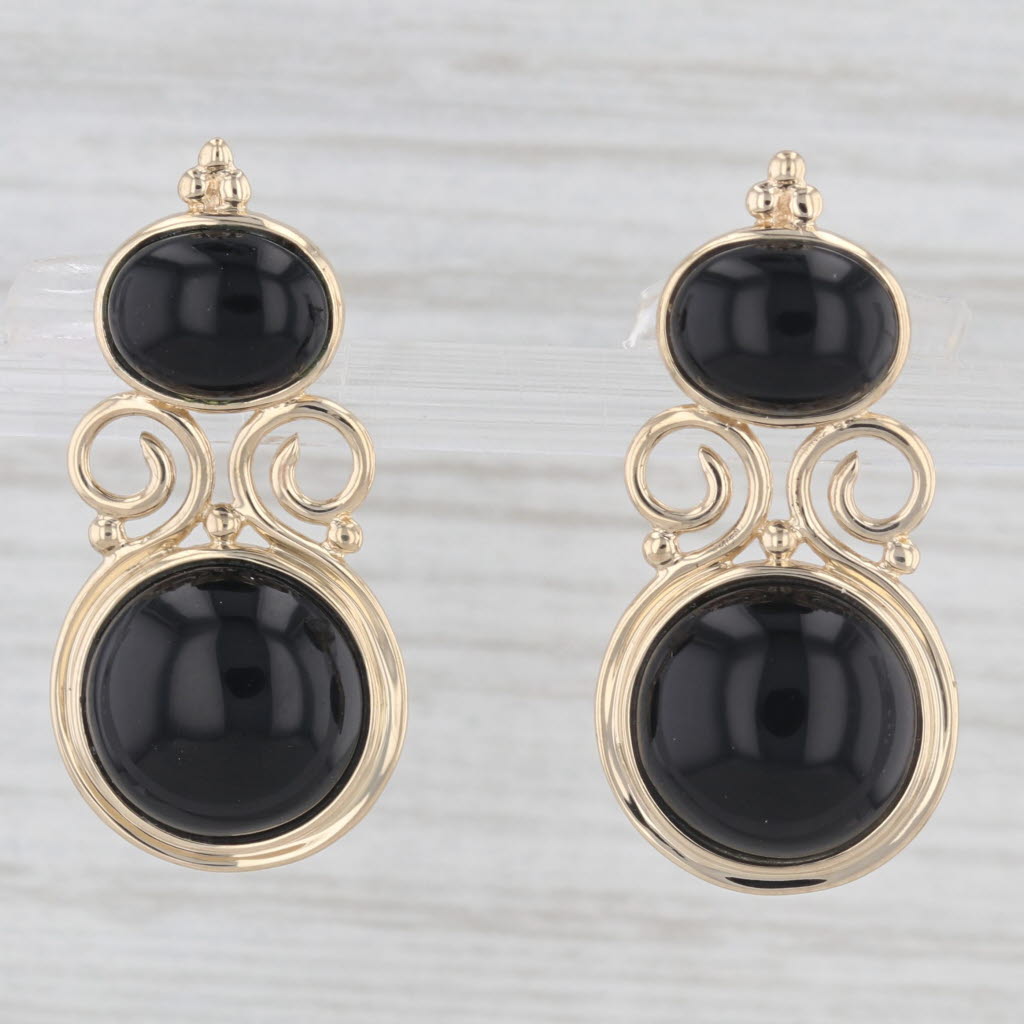 Light Gray Black Onyx Drop Earrings 14k Yellow Gold Vintage