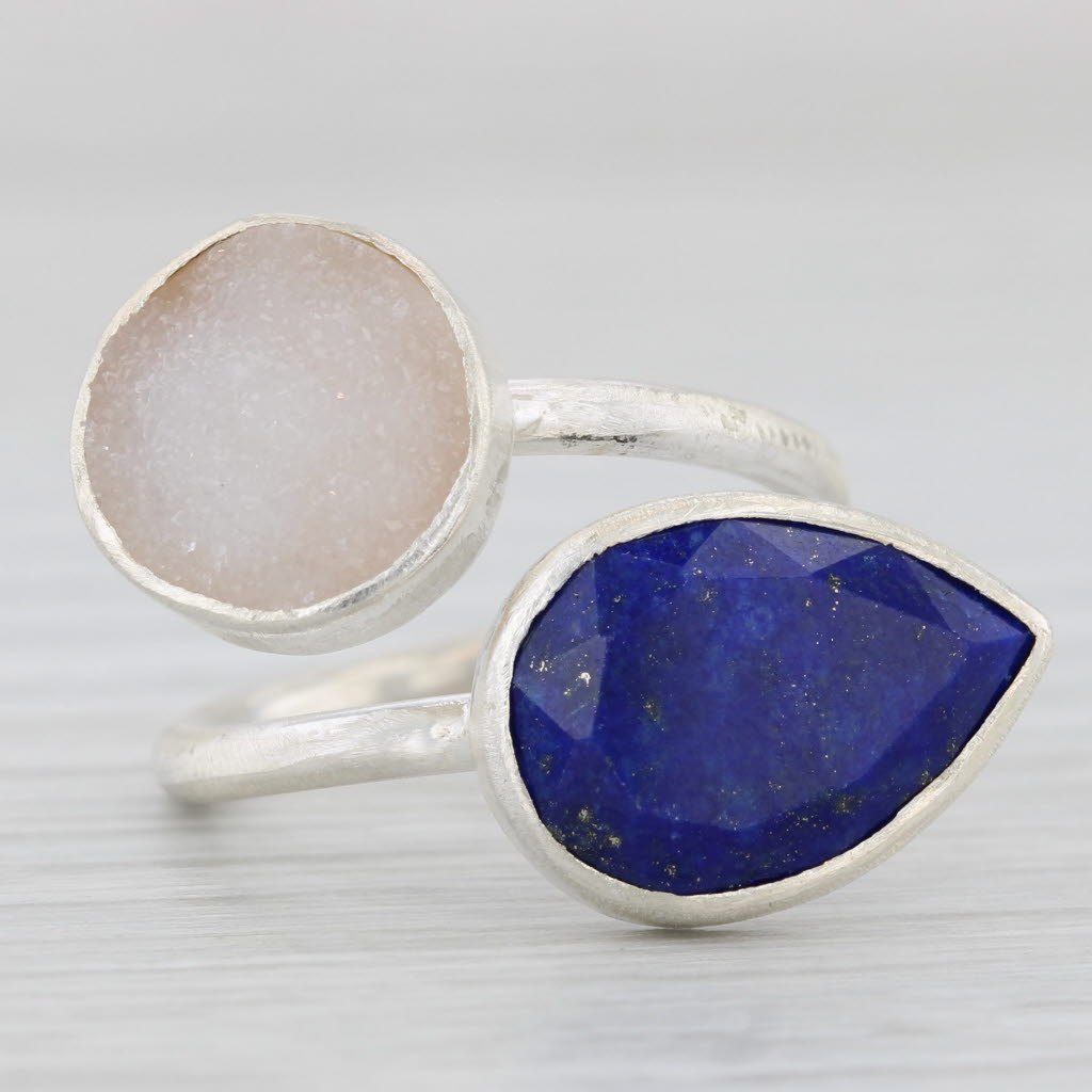 Light Gray New Nina Wynn Blue Lapis Lazuli White Quartz Bypass Ring Sterling Silver Size 6