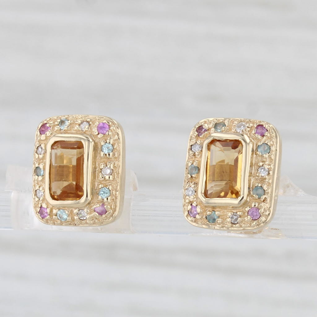 Light Gray 1.10ctw Orange Citrine Pink Sapphire Diamond Stud Earrings 10k Yellow Gold