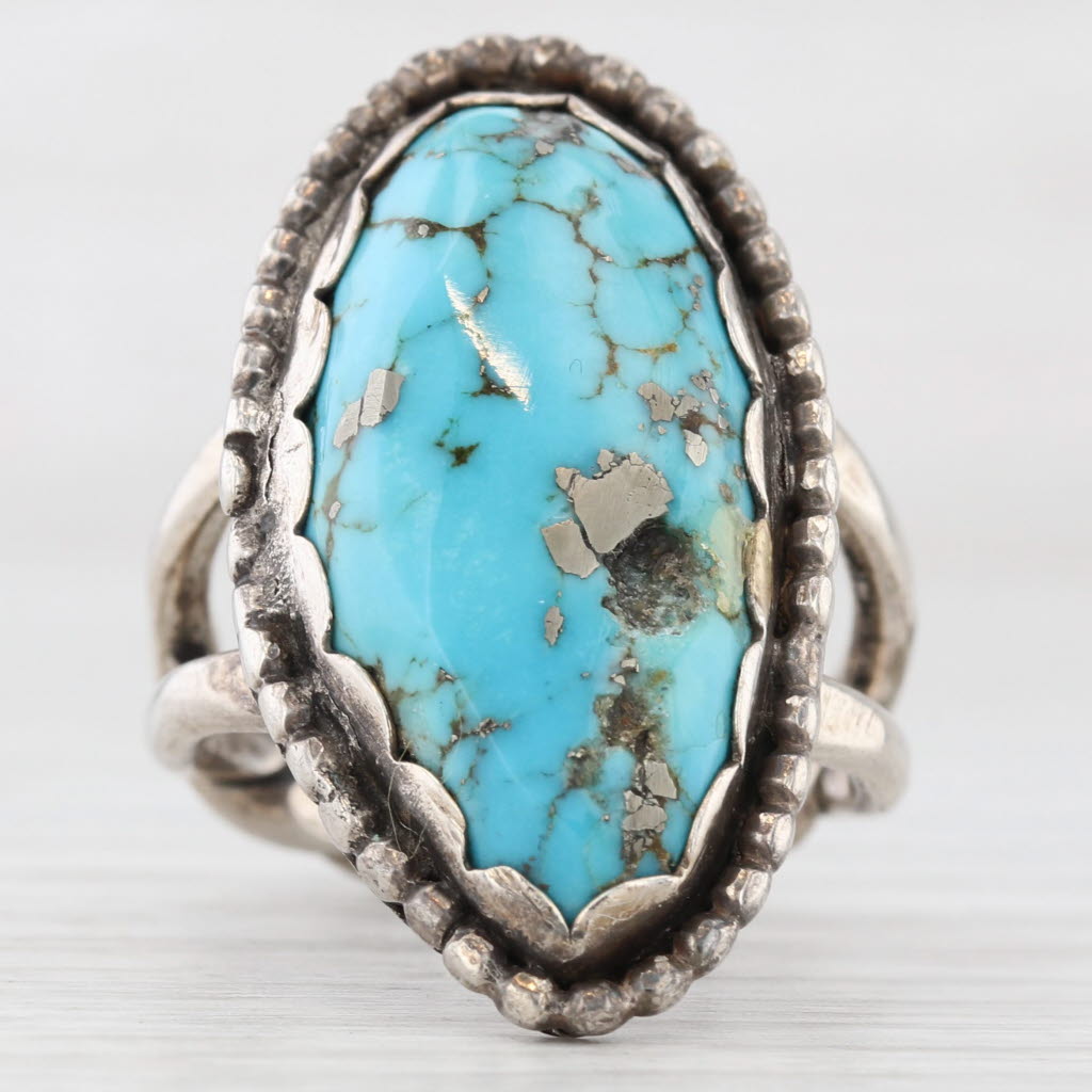 Light Gray Vintage Native American Turquoise Ring Sterling Silver Cabochon Signed Size 7