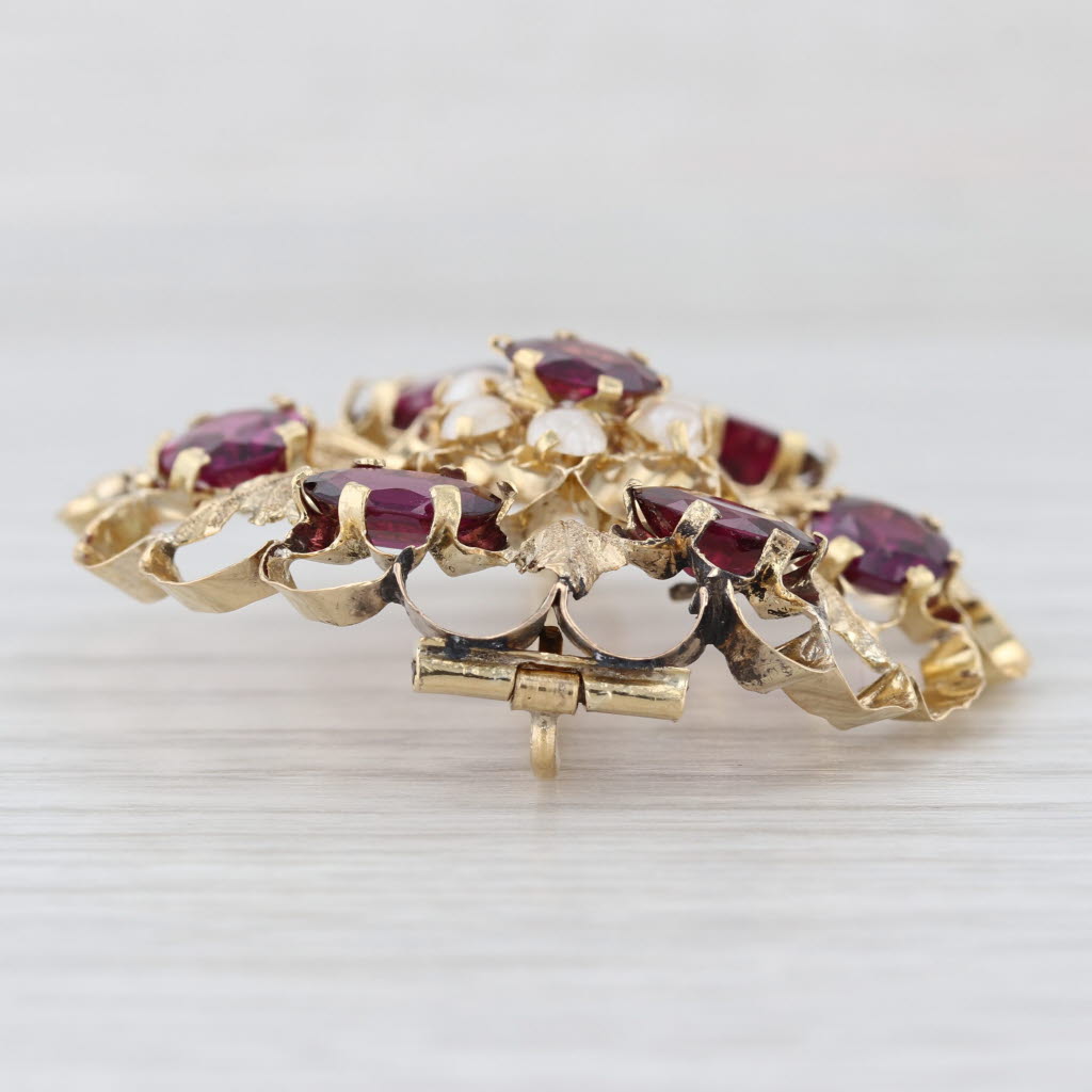 Vintage French 5ctw Garnet Pearl Flower Brooch 18k Yellow Gold Large Pin