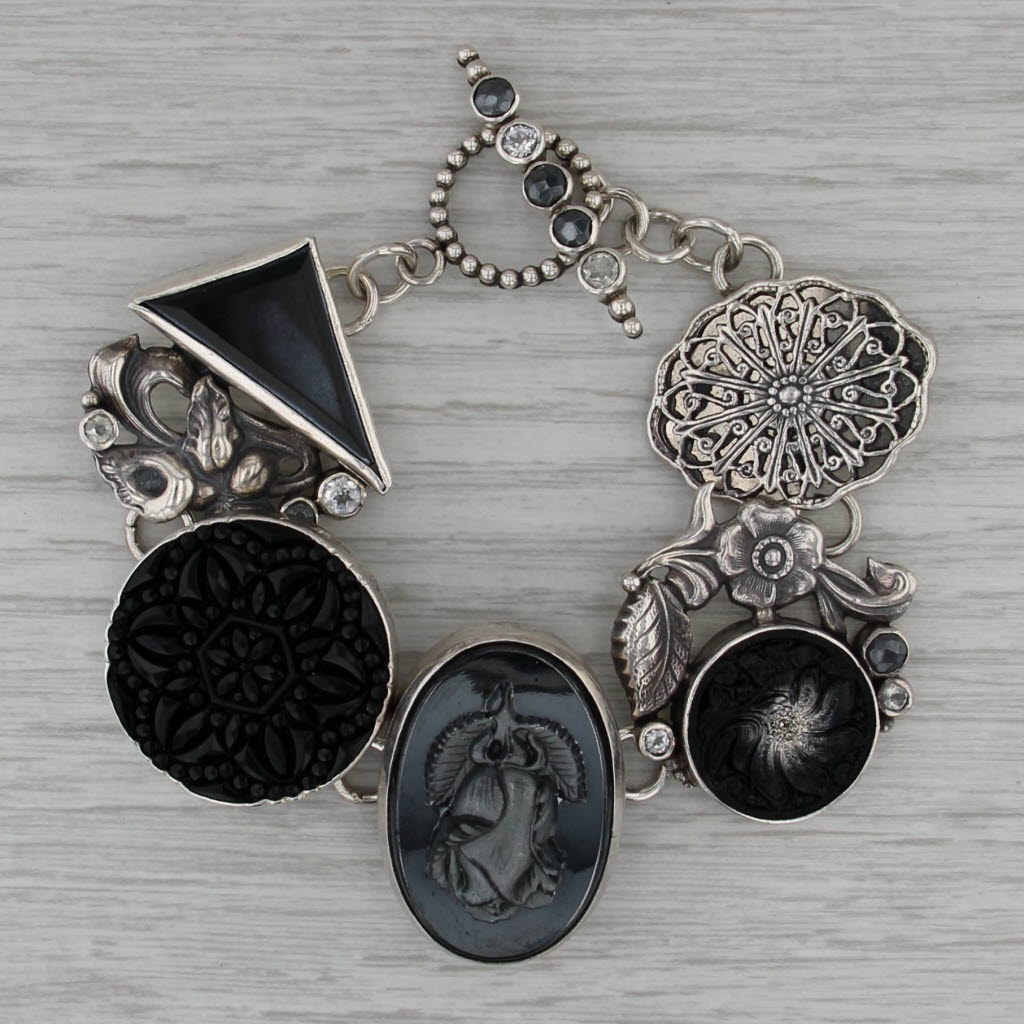 Hematite Lab Created Spinel Glass Statement Bracelet Sterling Silver Chunky 7"