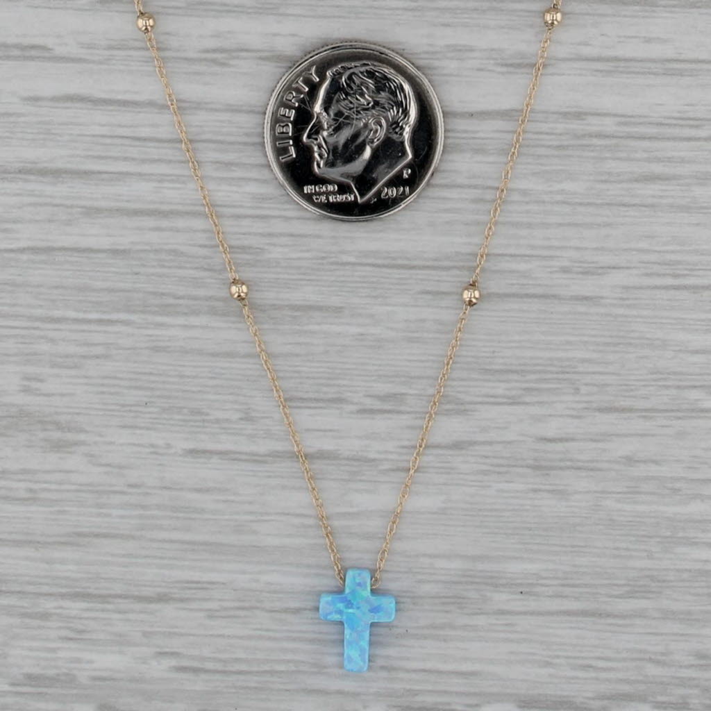 Carved Lab Created Opal Cross Pendant Necklace 14k Gold Bead Stations 16.25"