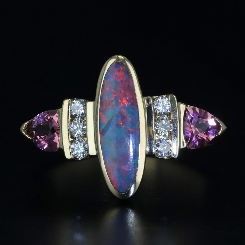 Black Opal Diamond Pink Tourmaline Ring 18k Yellow Gold Size 6.25 AS IS