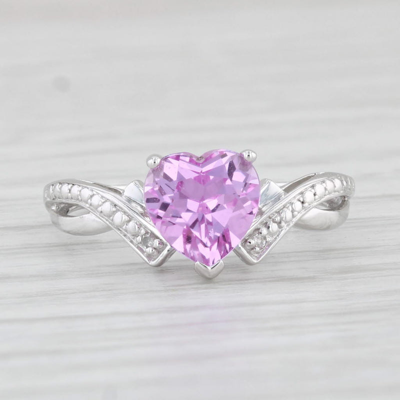 1.80ct Lab Created Sapphire Pink Heart Ring 10k White Gold Sz 6 Diamond Accents