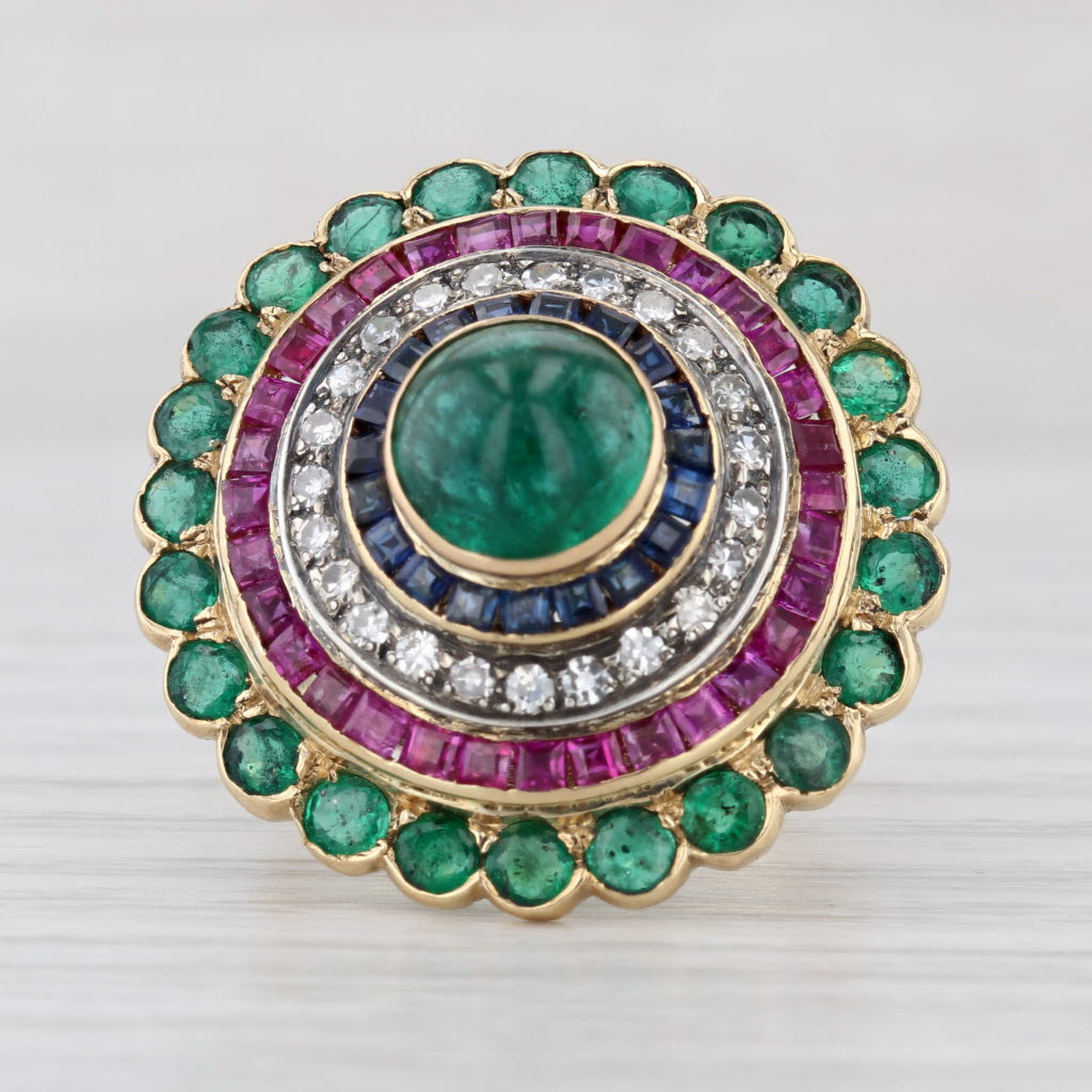 4.46ctw Gemstone Cocktail Ring 18k Gold Emerald Sapphire Ruby Diamond Size 5.75