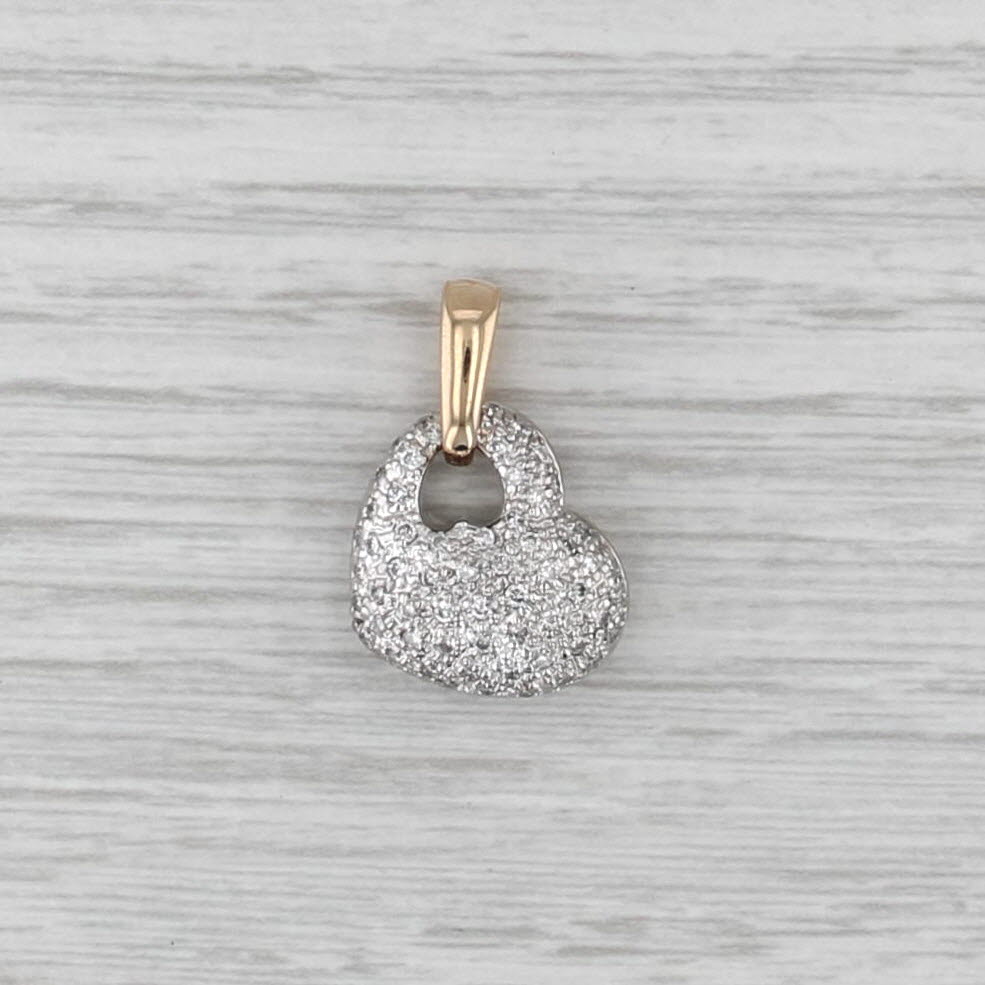 0.55ctw Pave Diamond Puffy Heart Drop Pendant 2-Toned 14k Yellow White Gold