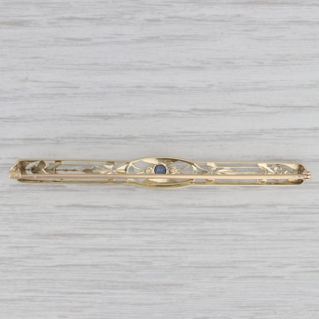 Gray Art Deco Floral Blue Sapphire Cultured Pearl Bar Pin 14k Yellow Gold Brooch