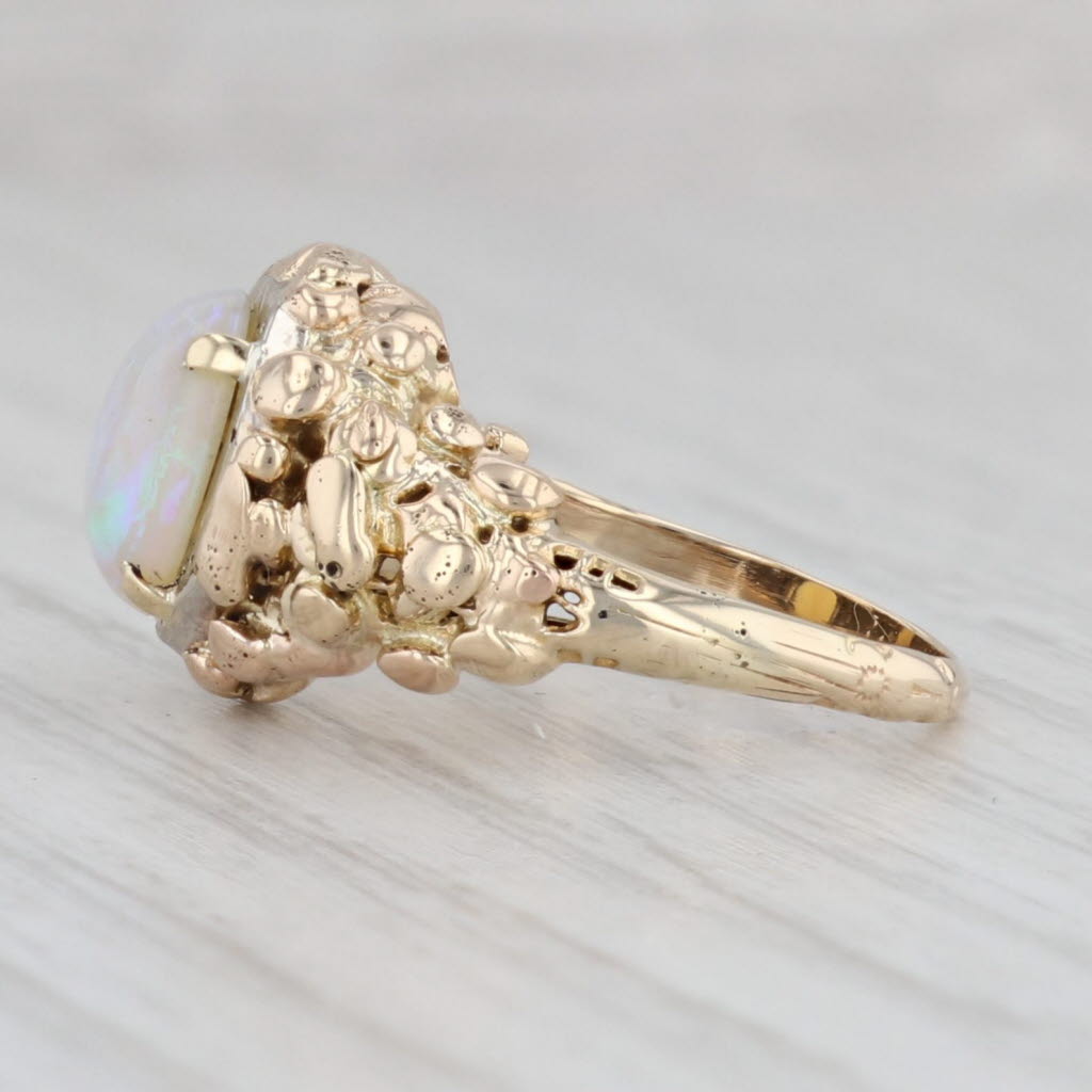 Gray Vintage Opal Gold Nugget Ring 14k Yellow Gold Size 4.75 Oval Cabochon Solitaire