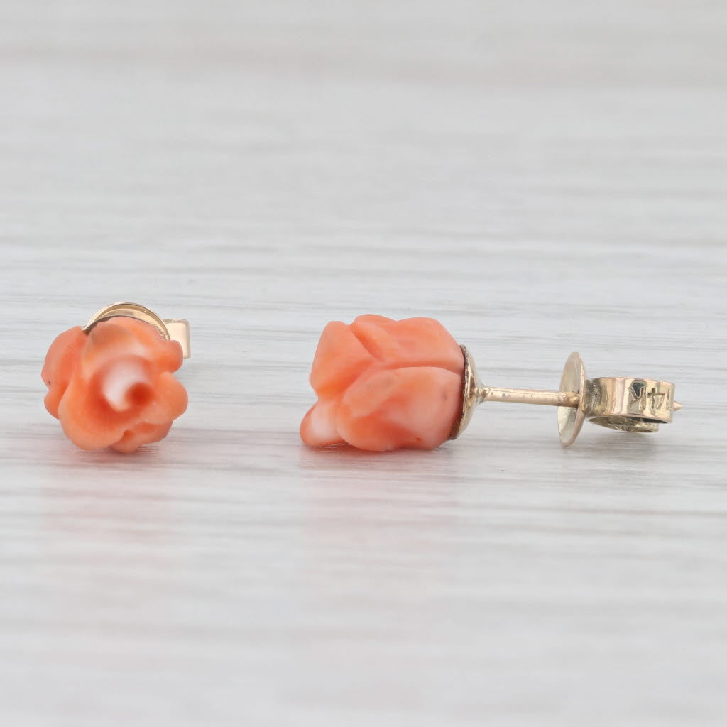 Light Gray Carved Coral Rose Stud Earrings 14k Yellow Gold