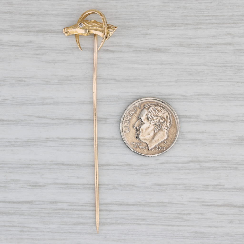 Gray Diamond Horseshoe Horse Stickpin 14k Yellow Gold Vintage Pin