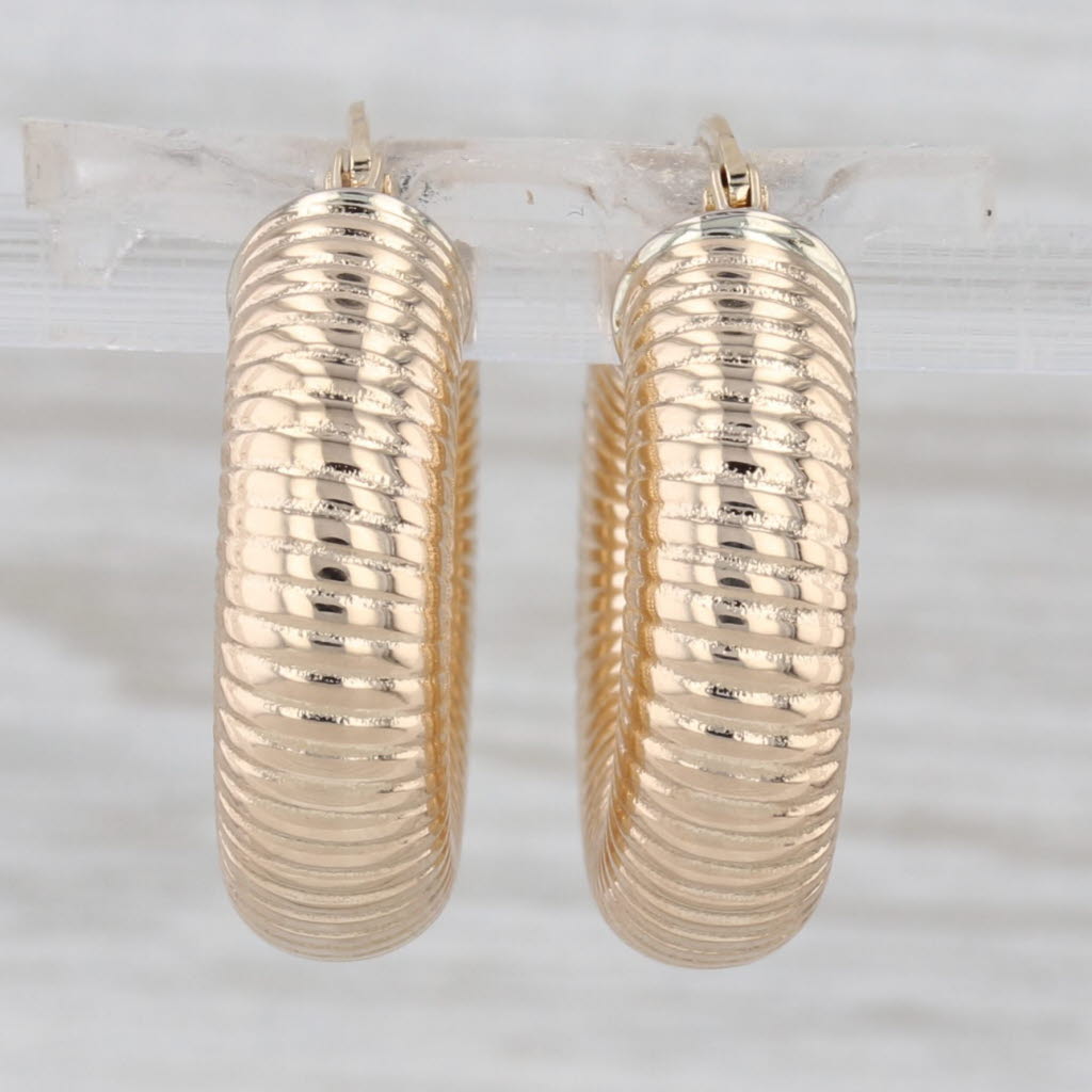 Coined Etched Hoop Earrings 14k Yellow Gold Snap Top Round Hoops