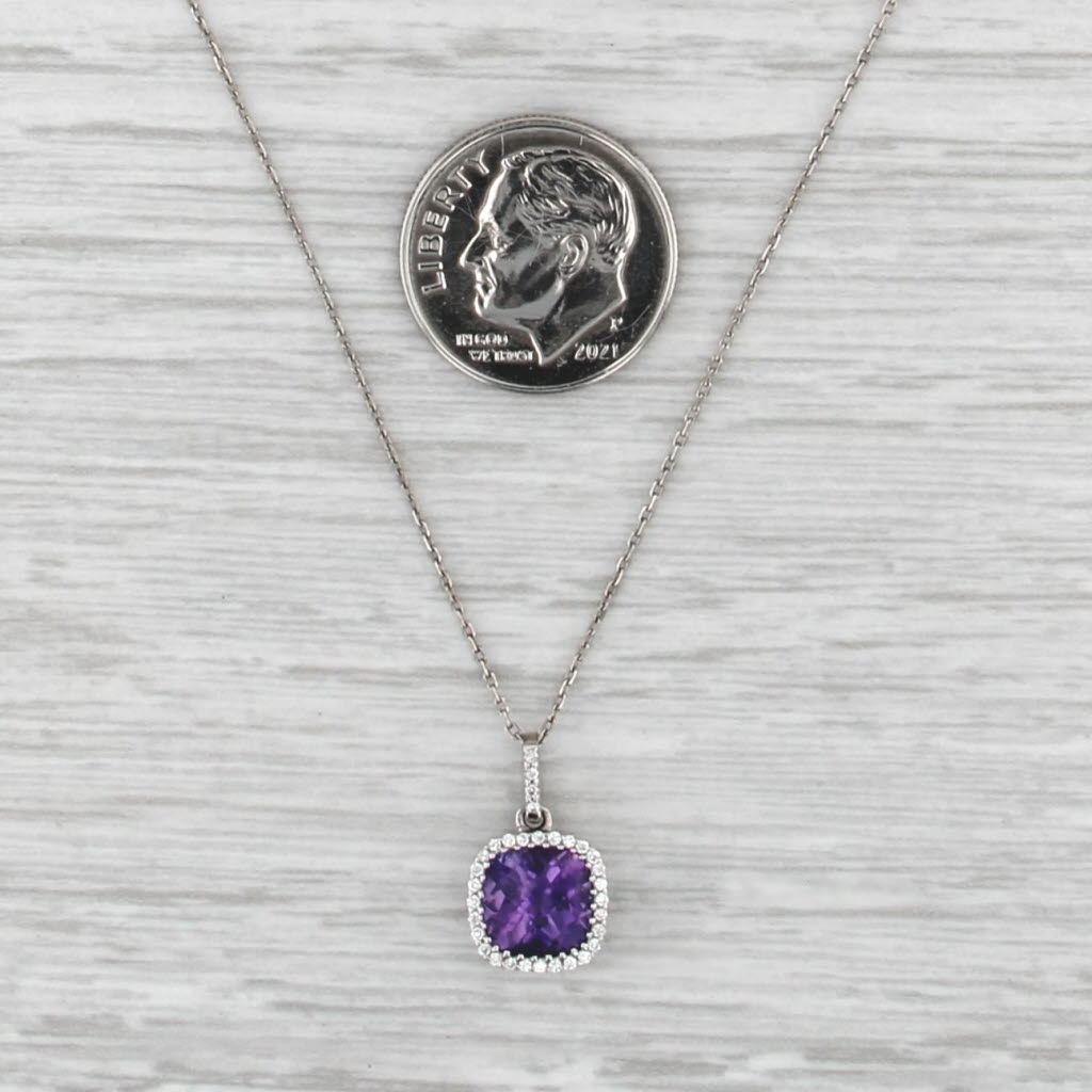 1.47ctw Amethyst Diamond Halo Pendant Necklace 18k White Gold 16.25" Cable Chain