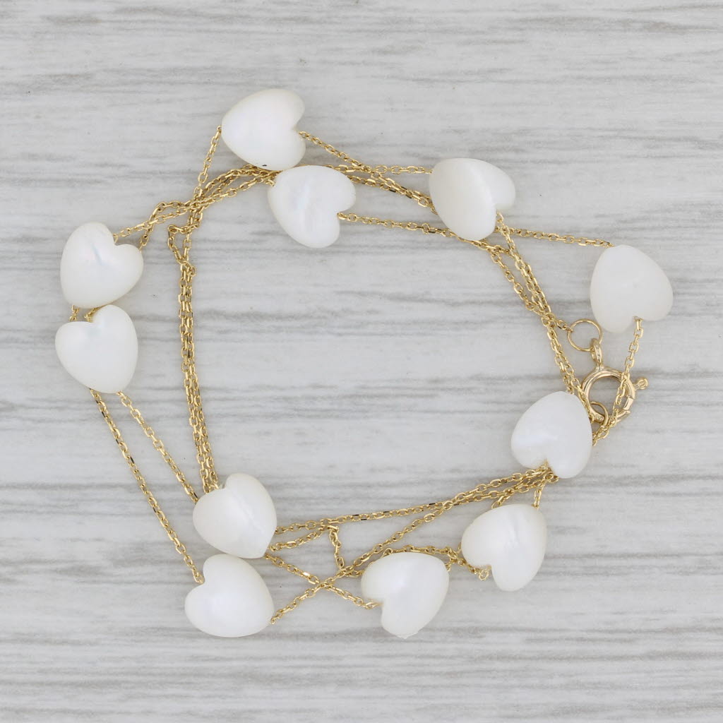 Gray Mother of Pearl Heart Stations Necklace 14k Yellow Gold 17.75" Cable Chain