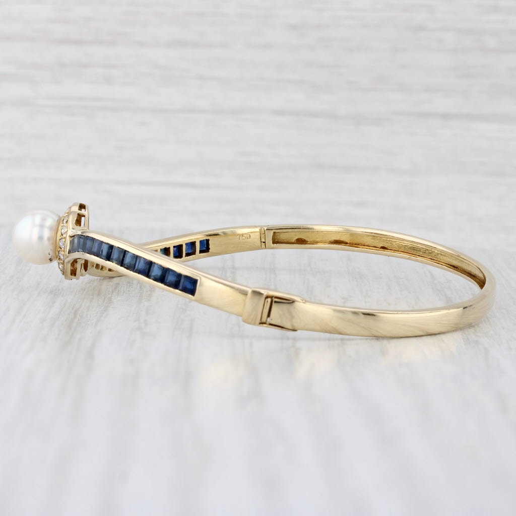 Light Gray Cultured Pearl Sapphire Diamond Bangle Bracelet 18k Yellow Gold 7"
