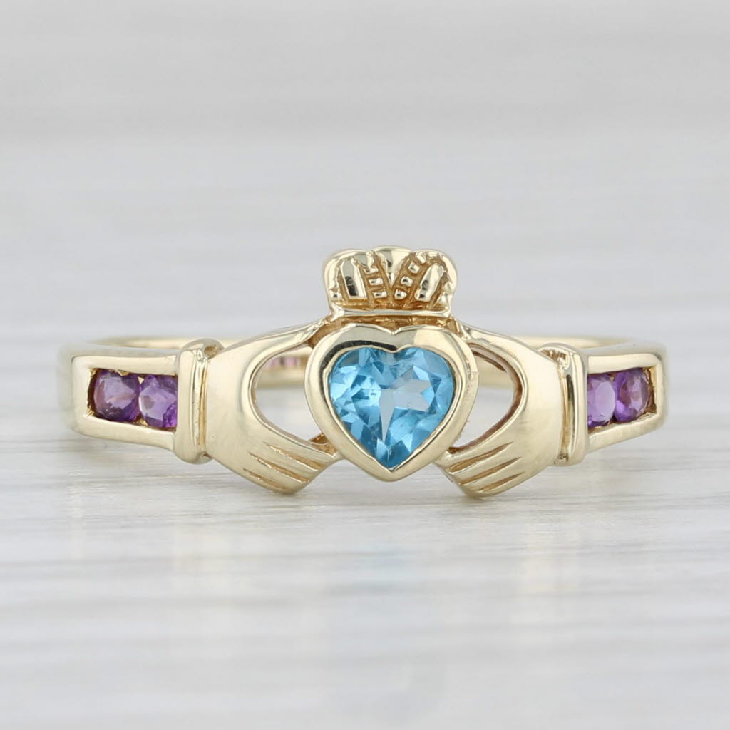 Light Gray 0.39ctw Blue Topaz Amethyst Claddaugh Ring 14k Gold Size 7.25 Made in Ireland