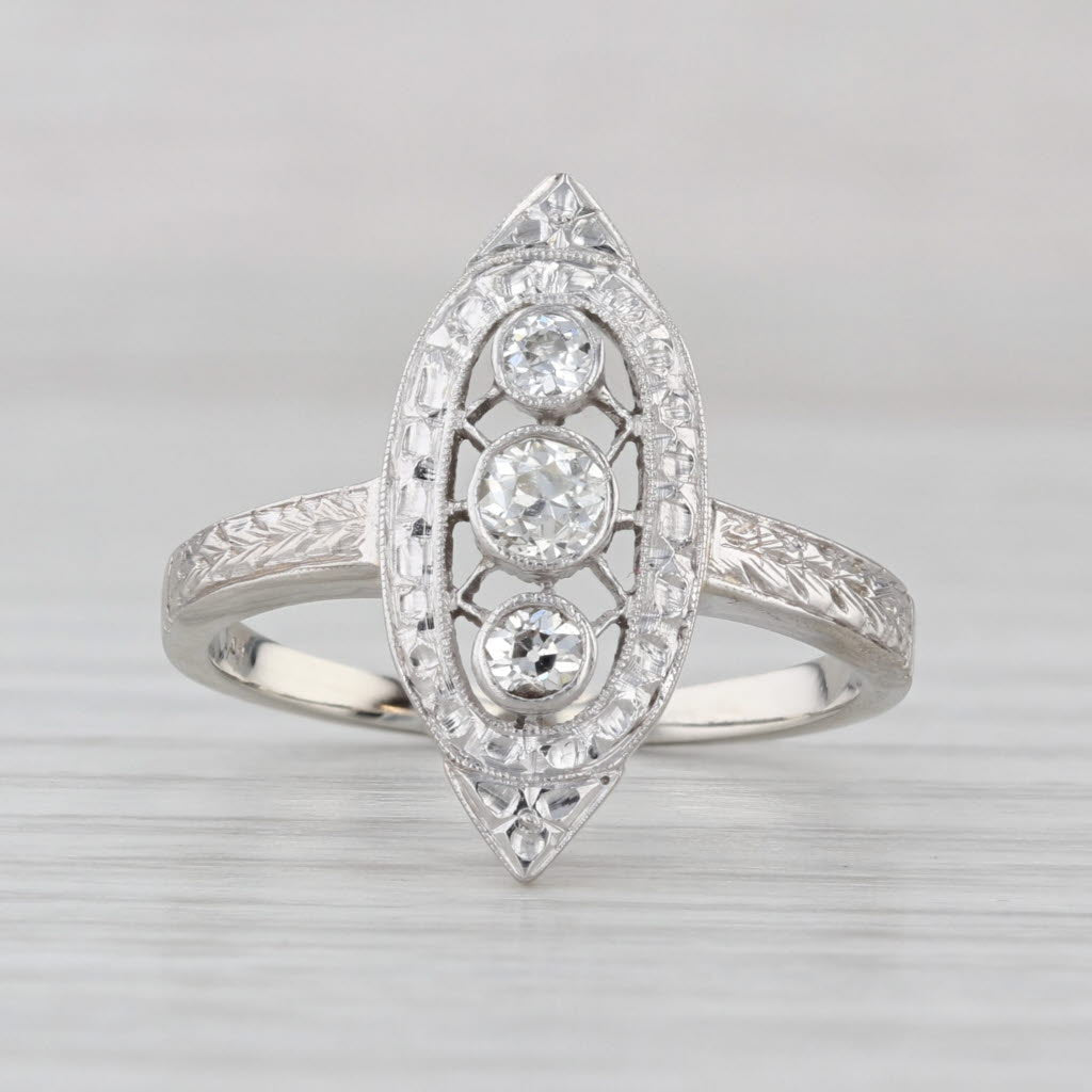 Vintage Diamond 3-Stone Ring 14k White Gold Ornate Filigree Wheat Band Size 6.5